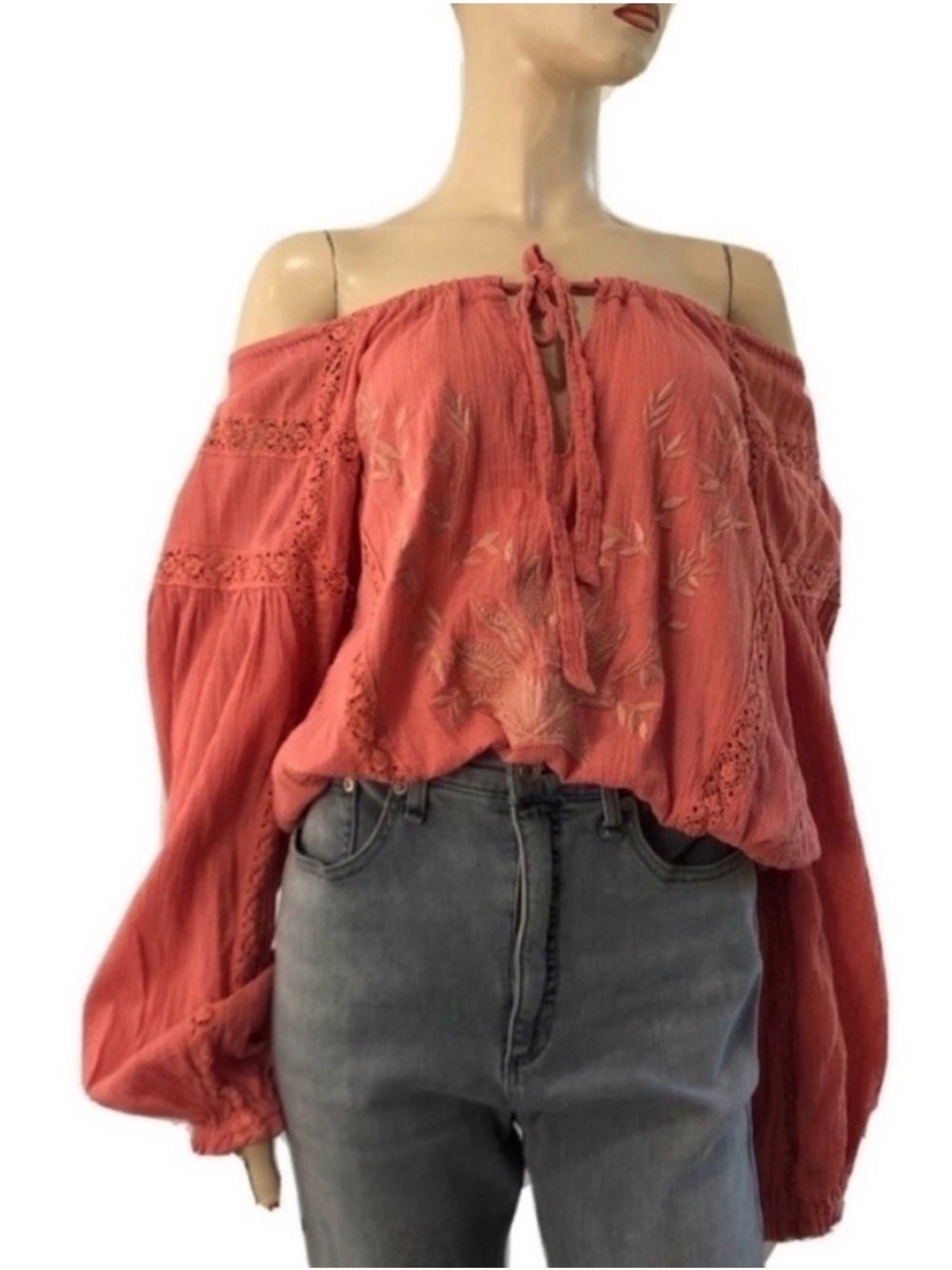 Free People Rust Off-Shoulder Embroidered Peasant Tunic